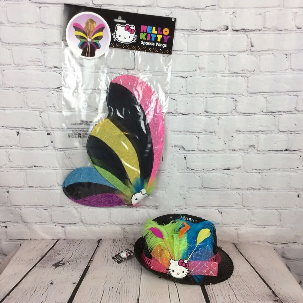 Hello Kitty Childs Black Sequined Fedora & Rainbow Sparkle Wings Cosplay Costume
